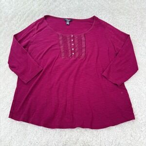 Chaps Top Women's 2X Fuschia 3/4 Sleeve Button Detail Knit Blouse Boho Western